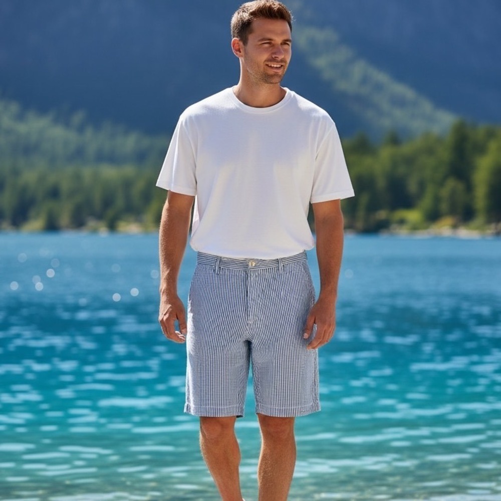 Vineyard Vines Mens Breaker Shorts 30 Blue White Seersucker Stripe 9 Inseam